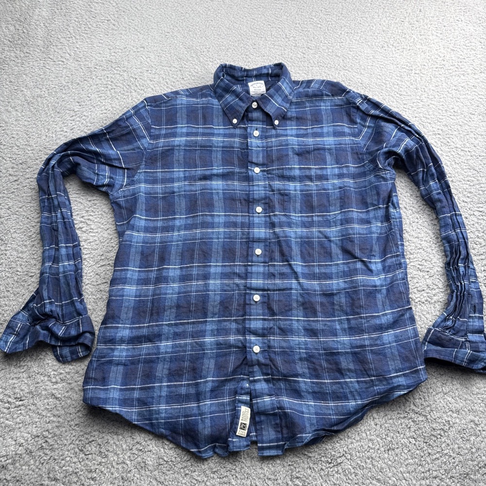 Brooks Brothers Regent Baird McNutt Linen Shirt Mens Large Blue Plaid Button